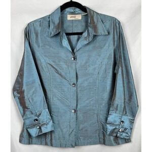 Vintage Anü By natural 100% Nubbed Silk Button Up Aqua Iridescent Small Blouse